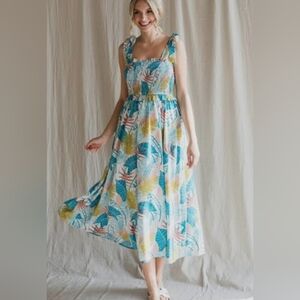 JODIFL Smocked Tropical Leaf Print Sun Dress with Shoulder Straps that Tie size